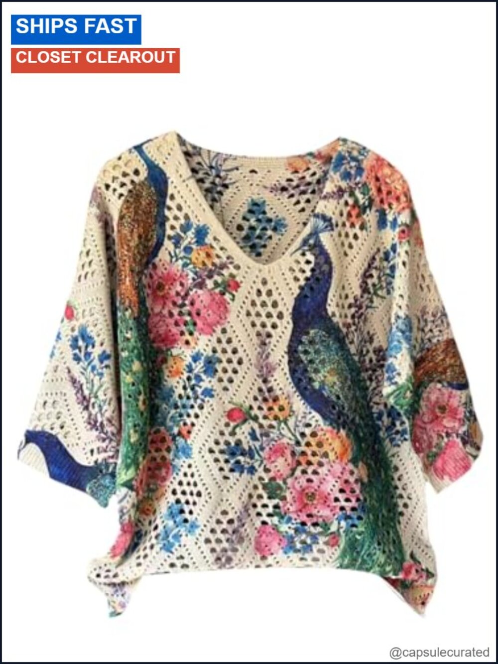 Women's Crochet Boho Knit Pullover Sweater 3/4 Sleeve V-Neck Lightweight